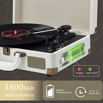 JORLAI Record Player 3 Speeds Turntable with Bluetooth Built-in Battery Stereo Speakers Vintage Record Player Belt Driven Portable Suitcase PC Recording White