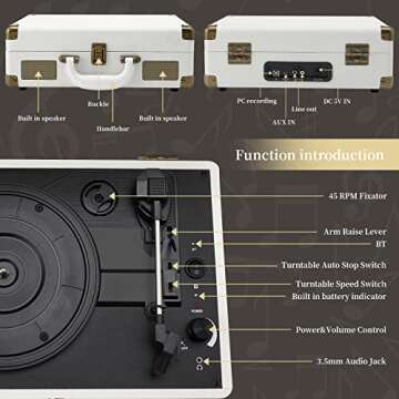 JORLAI Record Player 3 Speeds Turntable with Bluetooth Built-in Battery Stereo Speakers Vintage Record Player Belt Driven Portable Suitcase PC Recording White