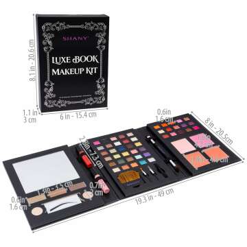 SHANY Luxe Book Makeup Set - All In One Travel Cosmetics Kit with 30 Eyeshadows, 15 Lip Colors, 5 Brushes, 4 Pressed Blushes, 3 Brow Colors, and Mirror