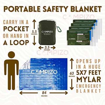 CAMPIZO 4 Pack Emergency Blankets - Thermal Blanket, Space Blanket, Mylar Blanket, Survival Blanket, Foil Blanket, Designed by NASA, Extra Large and Wide for Camping, Hiking, Marathon (Blue)