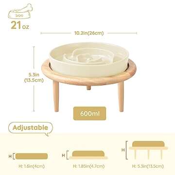 SPUNKYJUNKY Ceramic Elevated Slow Feeder Dog Bowl Raised Dog Bowl to Slow Down Eating for Medium Breed,Anti-Choking,Pet Slow Feeder for Fun(21OZ Bowl Elevated,Cream White)