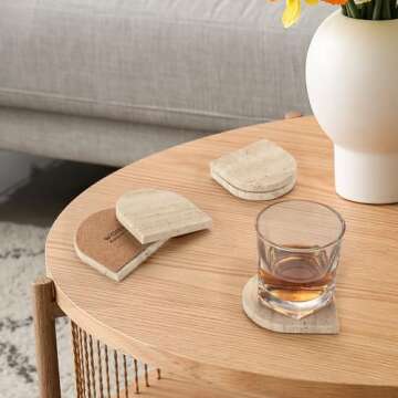 WORHE Marble Coaster for Drinks Set of 5 Natural Travertine Coasters for Home Decor Coffee Table, Modern Style Stone Cup Mat for Housewarming Party Hotel Bar Christmas Anniversary Present Beige(DL020)