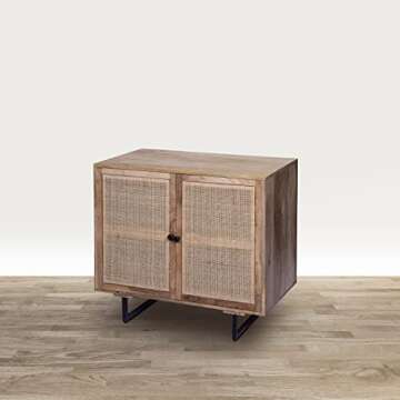 The Urban Port 35-Inch Handcrafted Accent Cabinet with 2 Mesh Rattan Doors, Black Iron Legs, Natural Brown Mango Wood Frame