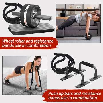 Ab Rollers Wheel Kit, Exercise Wheel Core Strength Training Abdominal Roller Set with Push Up Bars, Resistance Bands, Knee Mat Home Gym Fitness Equipment for Abs Workout