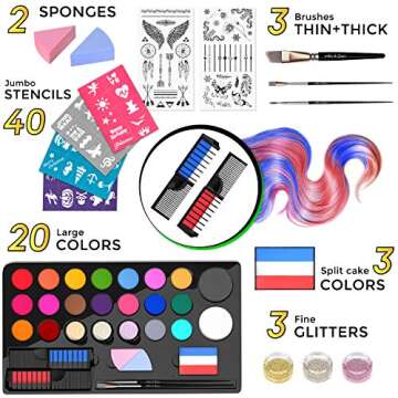 ADIS&GUYS Face Painting Kit for Kids – 20 Colors Water-Based, Non-Toxic Face Paint Set; Includes Glitters, Hair Chalks, Brushes, Stencils, Tattoos, Face Painting Book, Kids Party, Halloween (20)