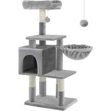 FEANDREA Multilevel Cat Tree with Cat Cave, Basket Lounger, and Padded Perch, Light Gray Cat Tower, Stable and Safe Plush Cat Condo with Sisal Posts for Kitten, Old Cat, Chubby Cat UPCT52W