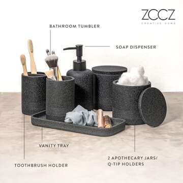 ZCCZ - Black Bathroom Accessories Set 6 Pcs - Toothbrush Holder, Lotion Soap Dispensers, 2 Qtip Holder Dispenser, Vanity Tray, Bathroom Tumbler - Countertop Vanity Organizer - Bathroom Accessory Set