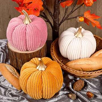 winemana 3 Pcs Thanksgiving Decorations Large Artificial Pumpkins, Lint Pink Orange White Fall Tabletop Centerpieces, Fall Friendsgiving Decorations for Home Kitchen Table Indoor Party Outdoor Yard