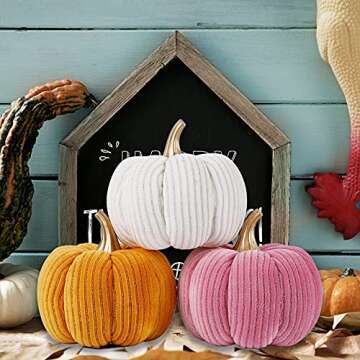 winemana 3 Pcs Thanksgiving Decorations Large Artificial Pumpkins, Lint Pink Orange White Fall Tabletop Centerpieces, Fall Friendsgiving Decorations for Home Kitchen Table Indoor Party Outdoor Yard