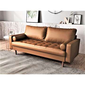 Container Furniture Direct Womble Mid Century Modern Couch with Bolster Pillows, PU Leather Upholstered Tufted Seat, Versatile Retro Design for Comfortable Living Spaces, Loveseat, Coffee Brown