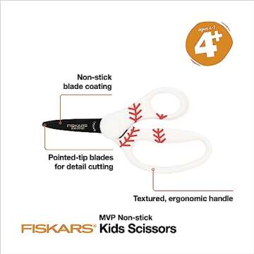 Fiskars 5" Pointed-Tip Scissors for Kids 4-7 with Non-Stick Blades (3-Pack) - Scissors for School or Crafting - Back to School Supplies - Sports Design