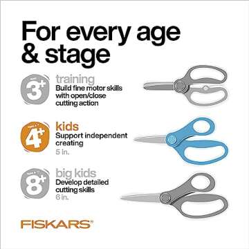 Fiskars 5" Pointed-Tip Scissors for Kids 4-7 with Non-Stick Blades (3-Pack) - Scissors for School or Crafting - Back to School Supplies - Sports Design