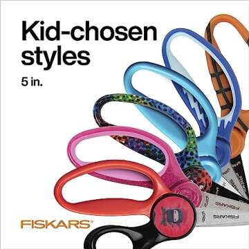 Fiskars 5" Pointed-Tip Scissors for Kids 4-7 with Non-Stick Blades (3-Pack) - Scissors for School or Crafting - Back to School Supplies - Sports Design