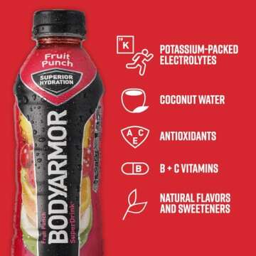 BODYARMOR Sports Drink Sports Beverage, Fruit Punch, Natural Flavors With Vitamins, Potassium-Packed Electrolytes, No Preservatives, Perfect For Athletes, 16 Fl Oz (Pack of 12)