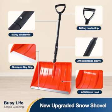 Yocada Snow Shovel for Driveway Home Garage Snow Removal Aluminum Strip with D-Grip Handle 48 inch Long Large Capacity Shovel for Garden Car Camping Outdoor Orange