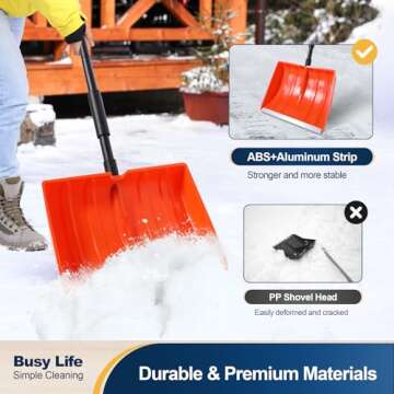 Yocada Snow Shovel for Driveway Home Garage Snow Removal Aluminum Strip with D-Grip Handle 48 inch Long Large Capacity Shovel for Garden Car Camping Outdoor Orange