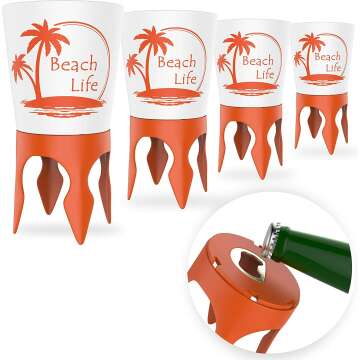 Beach Vacation Accessories, 4 Beach Cup Holders Sand w/ Bottle Opener & Spikes, Beach Drink Holder Coaster Spike Cups for Women Men Adults, Sand Cup Holders Beach Lover Gifts, Beach Cup Holder Items