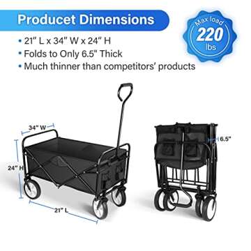 YSSOA Rolling Folding & Rolling Collapsible Garden Cart, Outdoor Camping Wagon Utility with 360 Degree Swivel Wheels & Adjustable Handle, Black 220lbs Weight Capacity