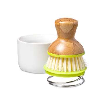 Full Circle Bubble Up- Eco-Friendly Bamboo Dish Brush & Ceramic Soap Dispenser - Natural Scrub Set for Dishes, Cast Iron - Kitchen Cleaning with Handle, White