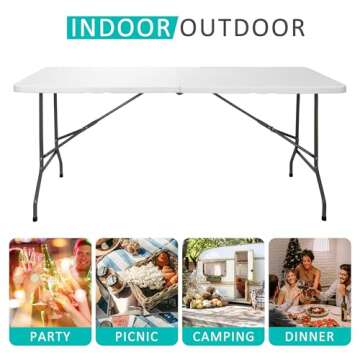 SUPER DEAL 6FT Folding Table for Indoor Outdoor, Portable Heavy Duty Fold-in-Half Plastic Dining Picnic Party Camping Table with Carrying Handle