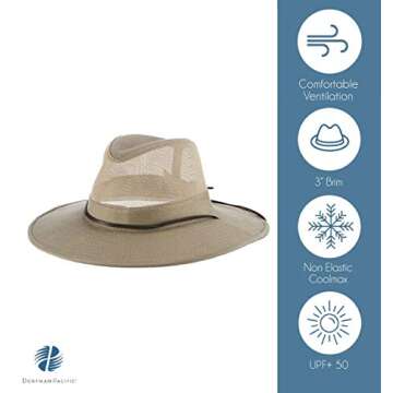 Dorfman Pacific Men's Twill Mesh Ventilation Sun Protection Safari Hat With Genuine Leather Trim, Khaki, XX-Large, 13" x 11" x 6"