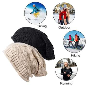 Senker Fashion 2 Pack Womens Slouchy Beanie Winter Knit Soft Hat for Women and Men Black Beige