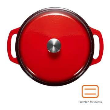 Amazon Basics Cast Iron Dutch Oven Pot with Lid, Enameled, Round, Dual Handles, Heavy-Duty, Medium, 6-Quart, Red