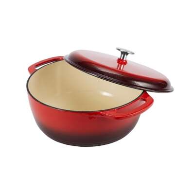 Amazon Basics Cast Iron Dutch Oven Pot with Lid, Enameled, Round, Dual Handles, Heavy-Duty, Medium, 6-Quart, Red