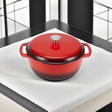 Amazon Basics Cast Iron Dutch Oven Pot with Lid, Enameled, Round, Dual Handles, Heavy-Duty, Medium, 6-Quart, Red