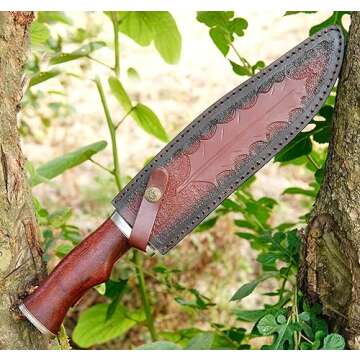 WARIVO KNIFE D2 Gaint Bowie knife 15.5 Inch Crocodile Dundee Knife with Leather Sheath Rambo style Fixed Blade Hunting Knife for Outdoor Camping and Hunting (Damascus Bowie knife)