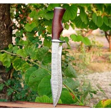 WARIVO KNIFE D2 Gaint Bowie knife 15.5 Inch Crocodile Dundee Knife with Leather Sheath Rambo style Fixed Blade Hunting Knife for Outdoor Camping and Hunting (Damascus Bowie knife)