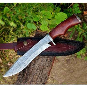 WARIVO KNIFE D2 Gaint Bowie knife 15.5 Inch Crocodile Dundee Knife with Leather Sheath Rambo style Fixed Blade Hunting Knife for Outdoor Camping and Hunting (Damascus Bowie knife)