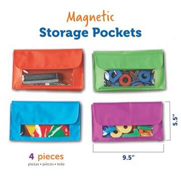 Learning Resources Magnetic Storage Pockets, Set of 4 in 4 Colors,Whiteboard Accessory Case, Classroom Organization, Back to School Supplies,Teacher Supplies