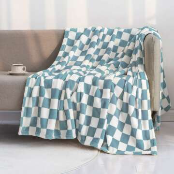 Luxurious LOMAO Soft Flannel Throw Blanket - Light Blue, Cozy Checkerboard Design