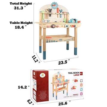 Tool Bench for Kids Toy Play Workbench Wooden Tool Bench Workshop Workbench with Tools Set Wooden Construction Bench Toy for 3 4 5 Year Boys Girls