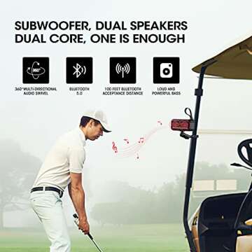 Roykaw Golf Bluetooth Speaker with Mount, Loud Stereo Sound, IPX7 Waterproof, Shockproof & Dustproof, Portable Wireless Speaker Compatible with EZGO/Club Car/Yamaha Golf Cart Accessories