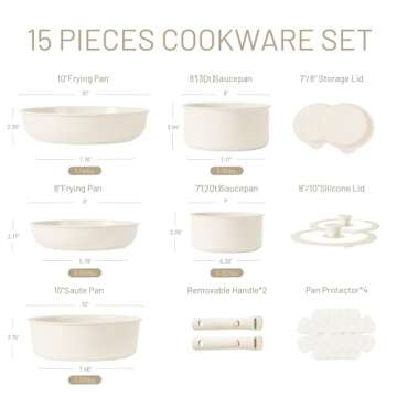 CAROTE 15pcs Ceramic Cookware Set, Pots and Pans Set Non Stick, Induction Kitchen Cookware Sets, Non Stick RV Cookware Set with Detachable Handle, Dishwasher/Oven Safe Cookware Set, Cream White