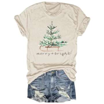 Women's Merry and Bright Christmas Tree T-Shirt - Casual Winter Xmas Top for Family Parties (Beige, Size S)