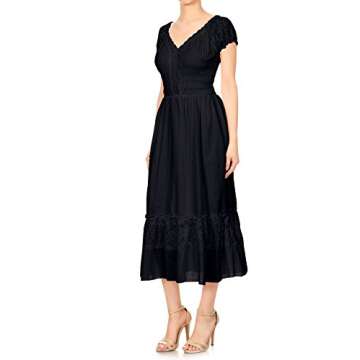 Anna-Kaci Renaissance Peasant Maiden Boho Inspired Cap Sleeve Lace Trim Maxi Dress, Black, Small