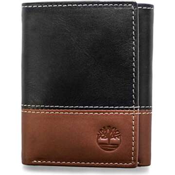 Timberland Men's Leather Trifold Wallet with Id Window, Black/Brown (Hunter), One Size