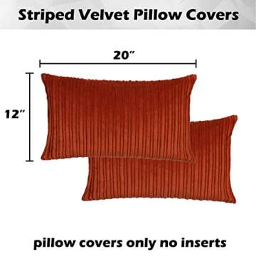 Kevin Textile Fall Lumbar Pillow Covers Solid Striped Velvet Corduroy Couch Chair Autumn Oblong Cushion Cover Throw Pillow for Baby Toddler Nap, 12 x 20, 2 Pack, Burnt Brick