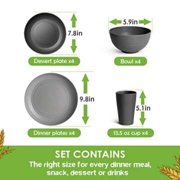 Teivio 16-Piece Kitchen Plastic Wheat Straw Dinnerware Set, Service for 4, Dinner Plates, Dessert Plate, Cereal Bowls, Cups, Unbreakable Plastic Outdoor Camping Dishes, Gray Ombre