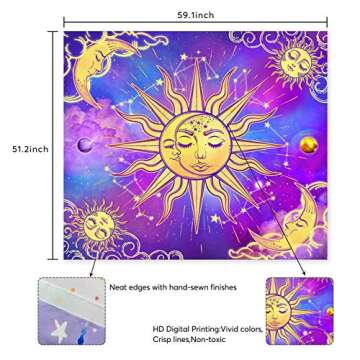 Birsppy Bonsai Tree Sun and Moon Tapestry, Psychedelic Abstract Aesthetic Space Stars Wall Hanging Astrology, Dark Galaxy Celestial Purple Blue Wall Art for Living Room Dorm Home Decor, 51x59 Inches