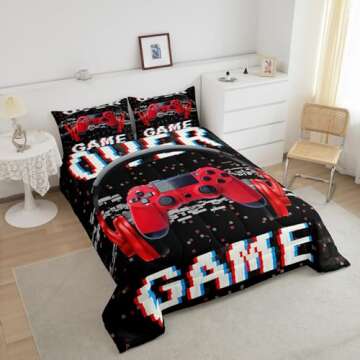 Erosebridal Twin Comforter Set for Boys, Gamer Comforter Gaming Headsets Bedding Sets, Kids Teens Music Game Controller Bedding Comforter Sets, Red Black Quilt Gamer Room Decor