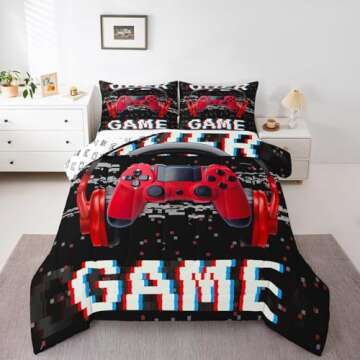 Erosebridal Twin Comforter Set for Boys, Gamer Comforter Gaming Headsets Bedding Sets, Kids Teens Music Game Controller Bedding Comforter Sets, Red Black Quilt Gamer Room Decor