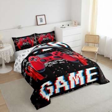 Erosebridal Twin Comforter Set for Boys, Gamer Comforter Gaming Headsets Bedding Sets, Kids Teens Music Game Controller Bedding Comforter Sets, Red Black Quilt Gamer Room Decor