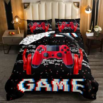 Erosebridal Twin Comforter Set for Boys, Gamer Comforter Gaming Headsets Bedding Sets, Kids Teens Music Game Controller Bedding Comforter Sets, Red Black Quilt Gamer Room Decor