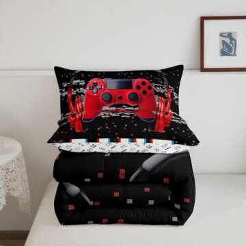 Erosebridal Twin Comforter Set for Boys, Gamer Comforter Gaming Headsets Bedding Sets, Kids Teens Music Game Controller Bedding Comforter Sets, Red Black Quilt Gamer Room Decor