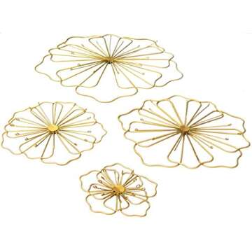 Bellaa 23271 Flower Metal Wall Art 3D Contemporary Modern Abstract Large Decorative Minimalist Sculpture Living Room Boho Home Decor Outdoor Garden Patio Farmhouse Ranch Set of 4 Light Gold