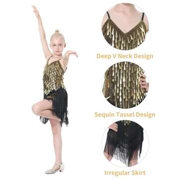 Latin Dance Dress Tassel Salsa Dancewear Sequin Fringe Dress Modern Ballroom Cha Cha Dancer Outfits for Girls (US, Age, 6 Years, 7 Years, Black)